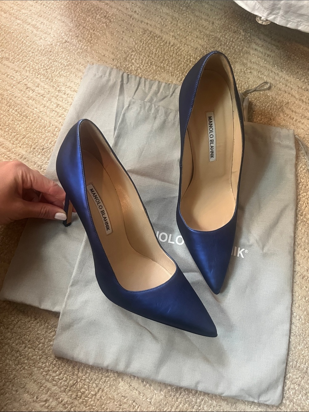 Manolo Blahnik Navy Satin Pointed-Toe Pumps